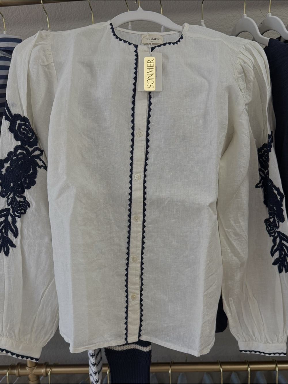 NEW Sonmer White Embroidered Button-Front Blouse Linen